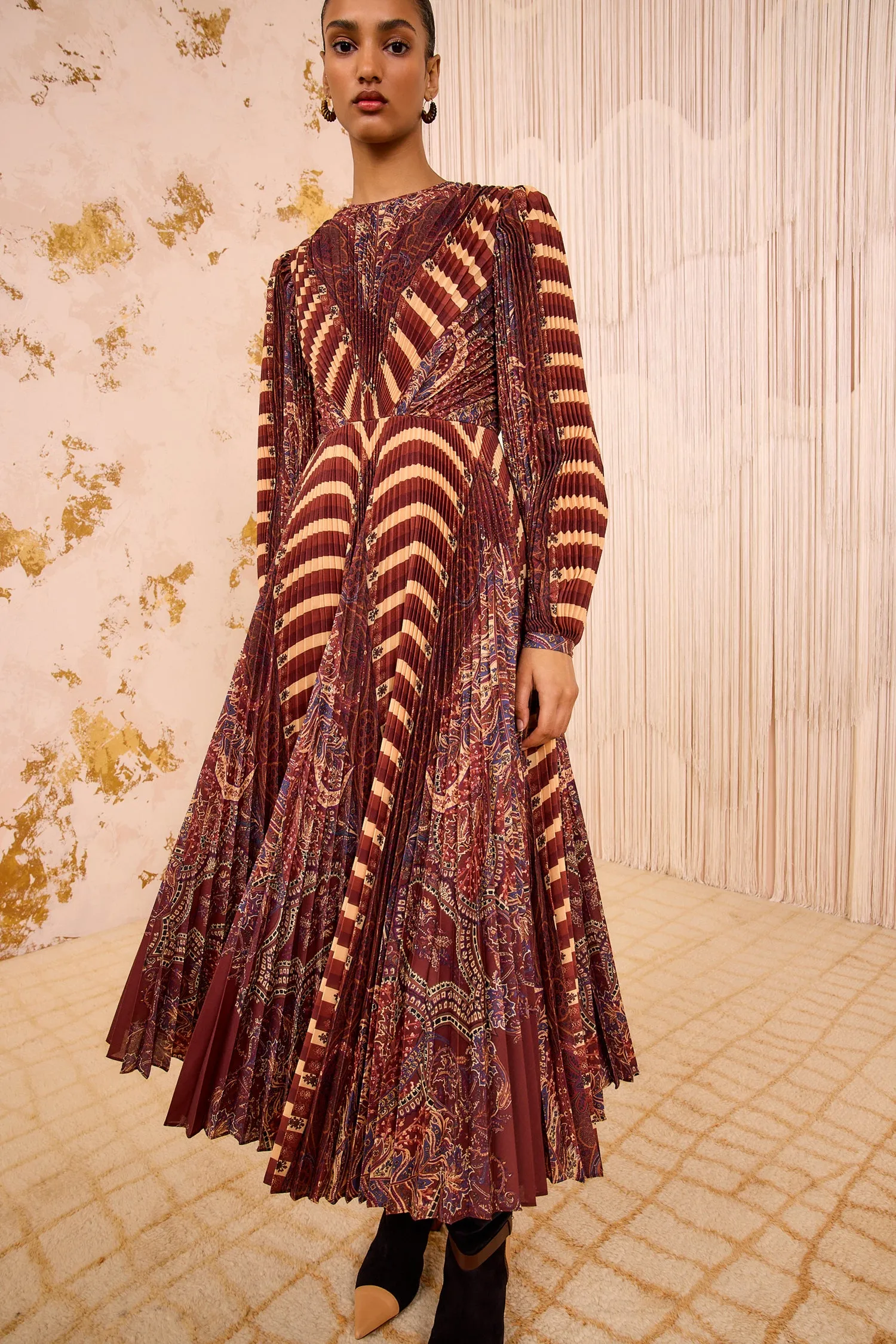 Sarai Pleated Long Sleeve Long Dress - Topaz family joy