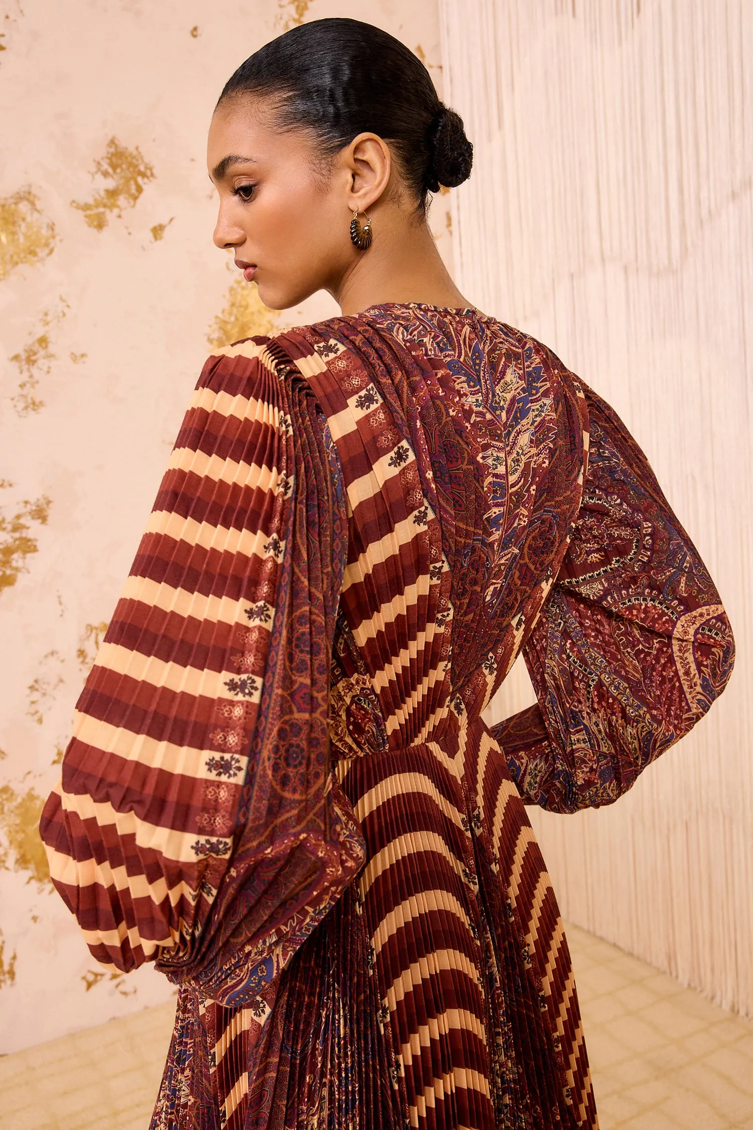 Sarai Pleated Long Sleeve Long Dress - Topaz family joy