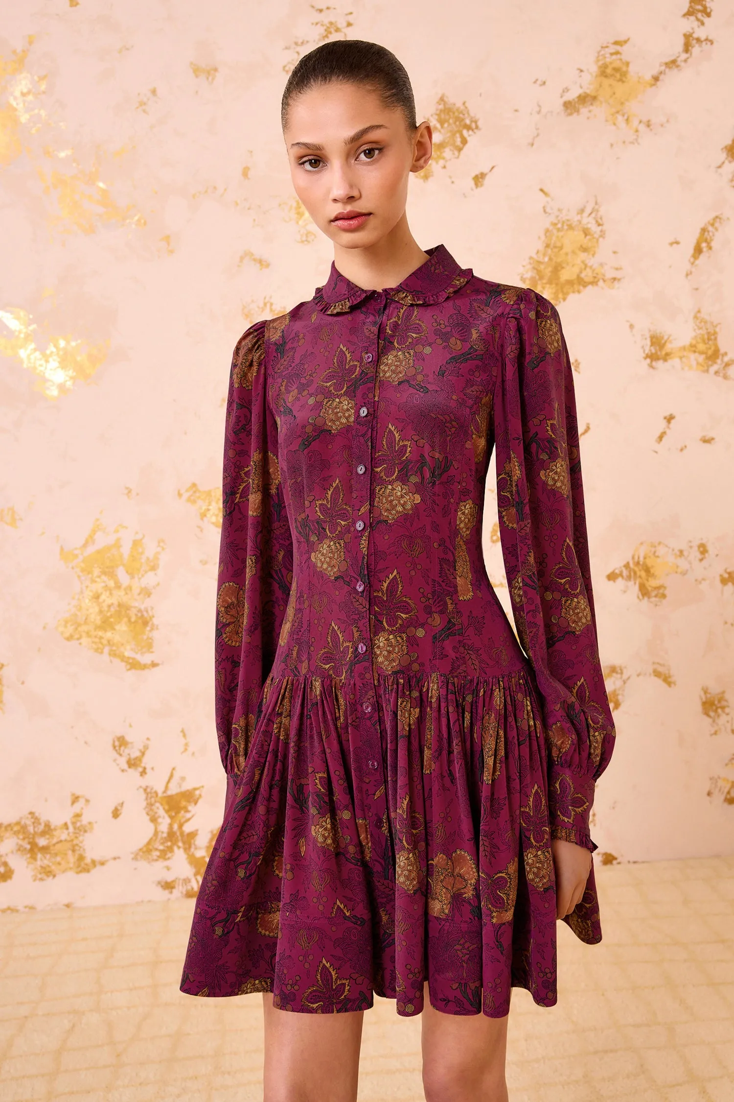 Simona Silk Long Sleeve Mini Dress - Peony farm air