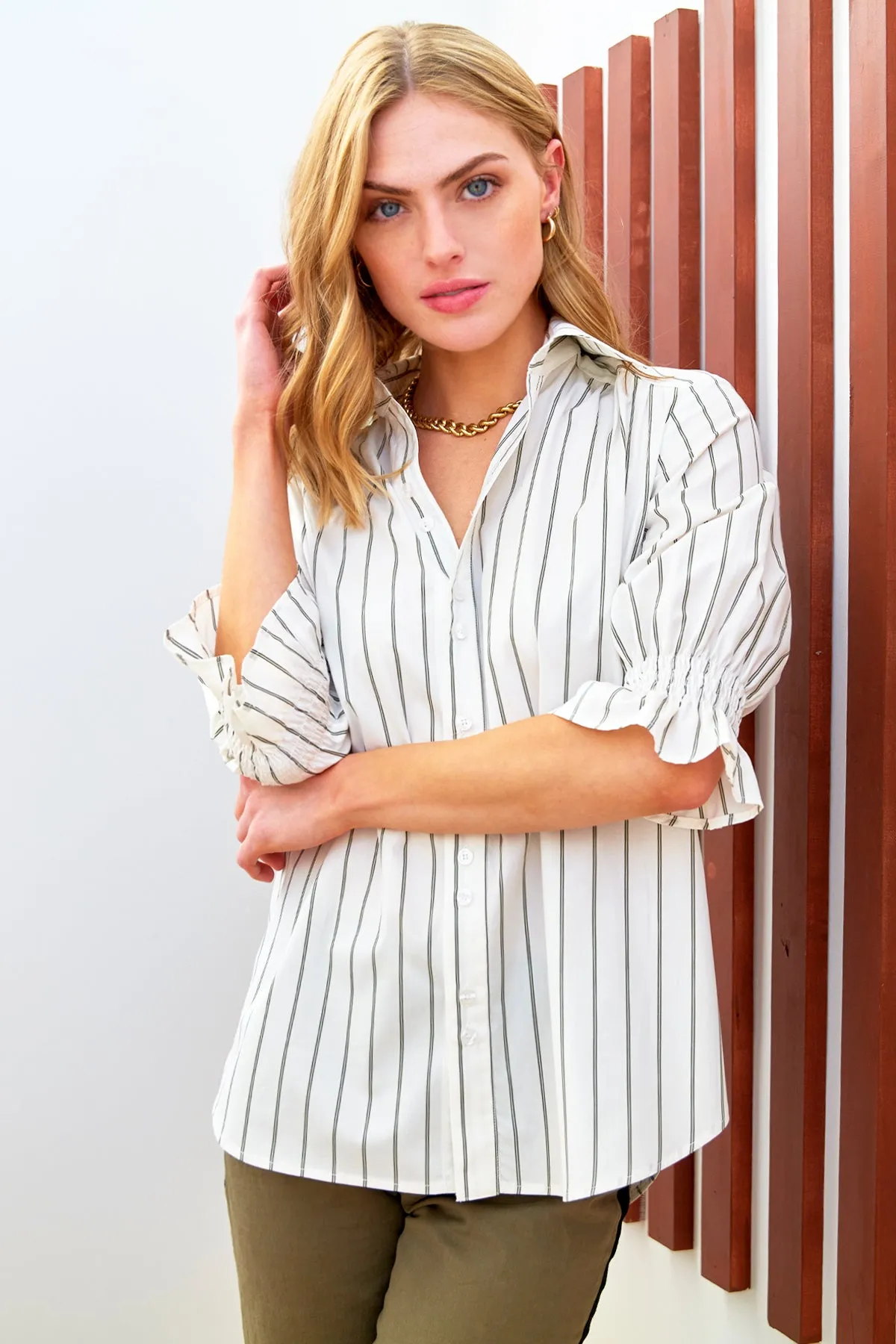Sirena Shirt Double Pinstripe Olive Green sunset knit