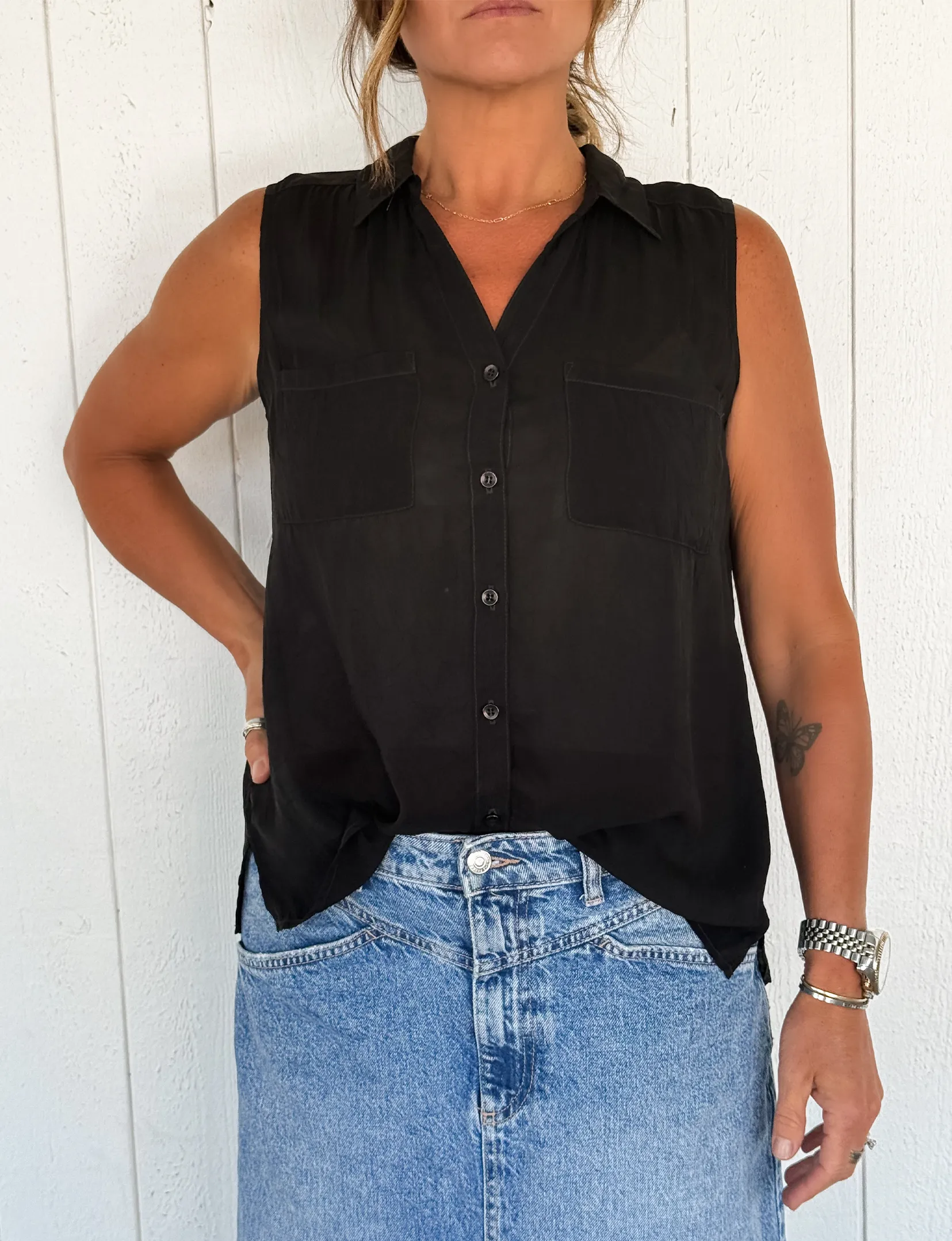 Sleeveless Cargo Pocket Top, Black earth tone