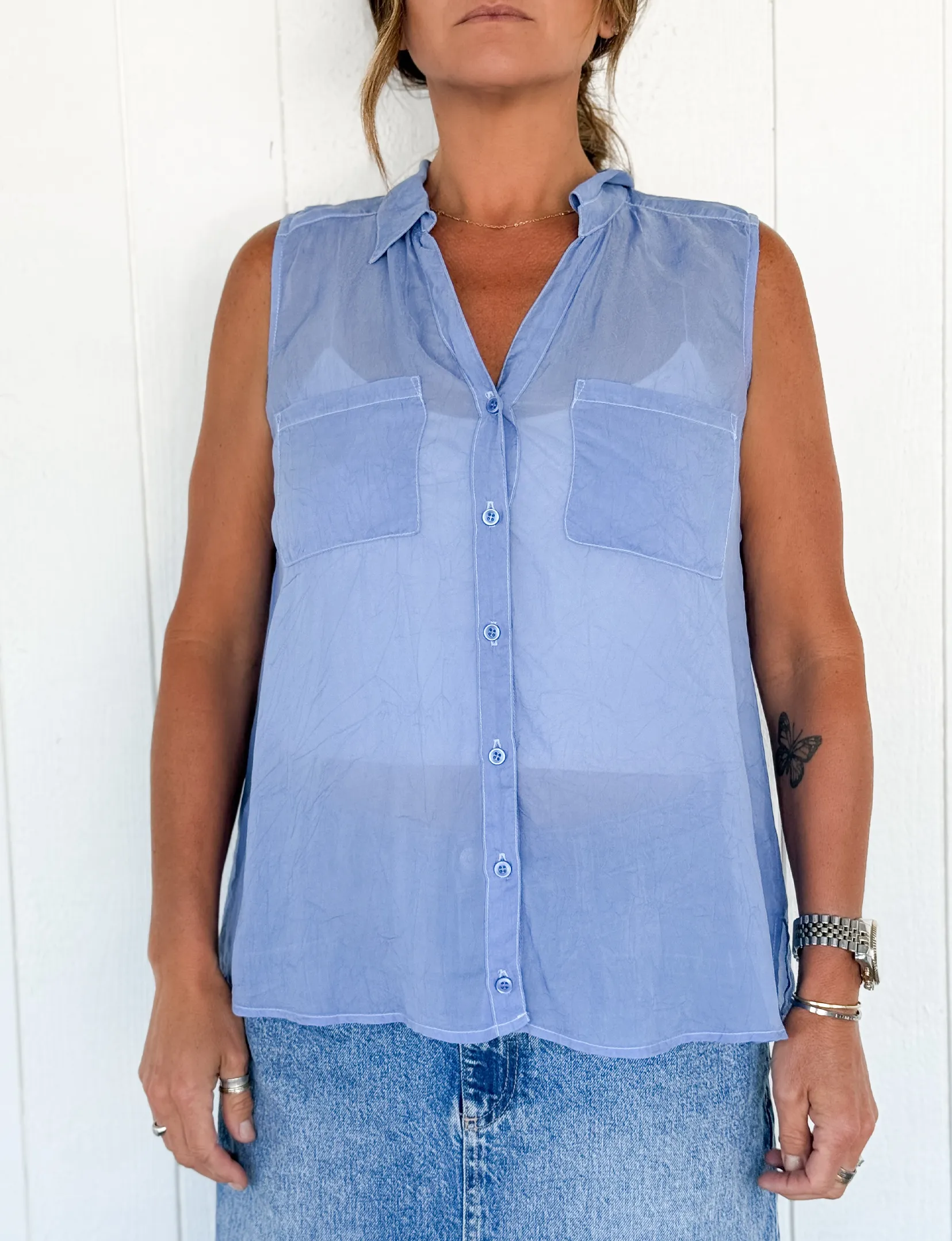 Sleeveless Cargo Pocket Top, French Blue silk flow