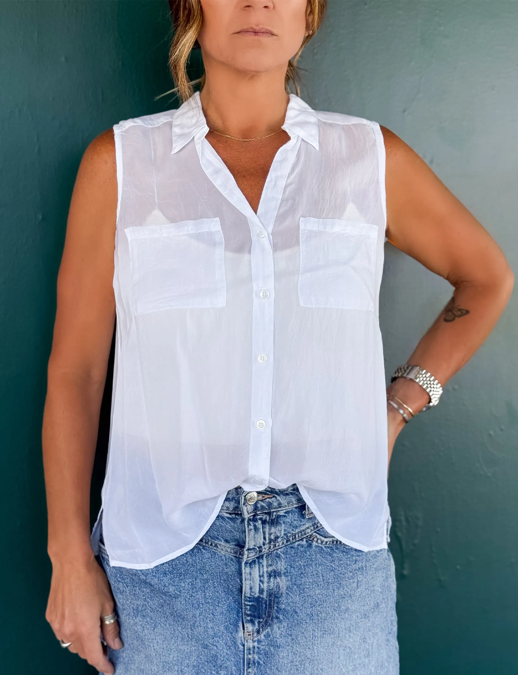 Sleeveless Cargo Pocket Top, White no wrinkle
