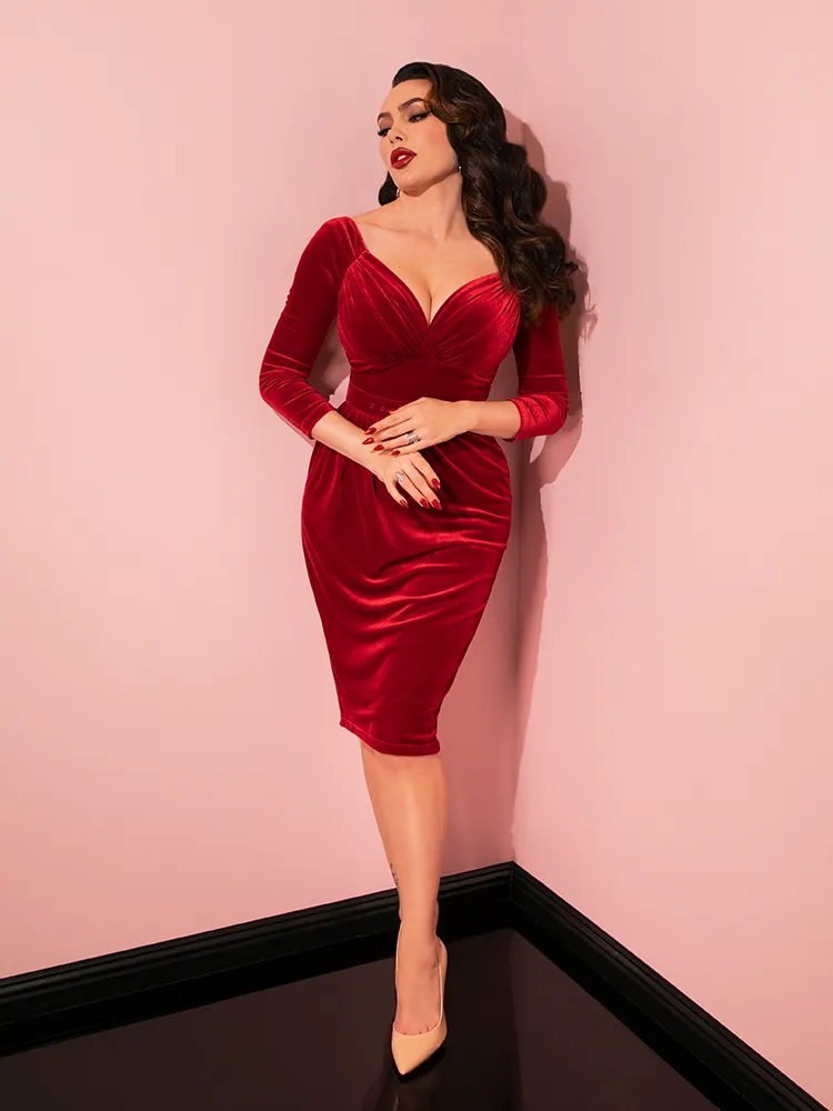 Starlet Wiggle Dress in Ruby Red Velvet - Vixen by Micheline Pitt sky tint