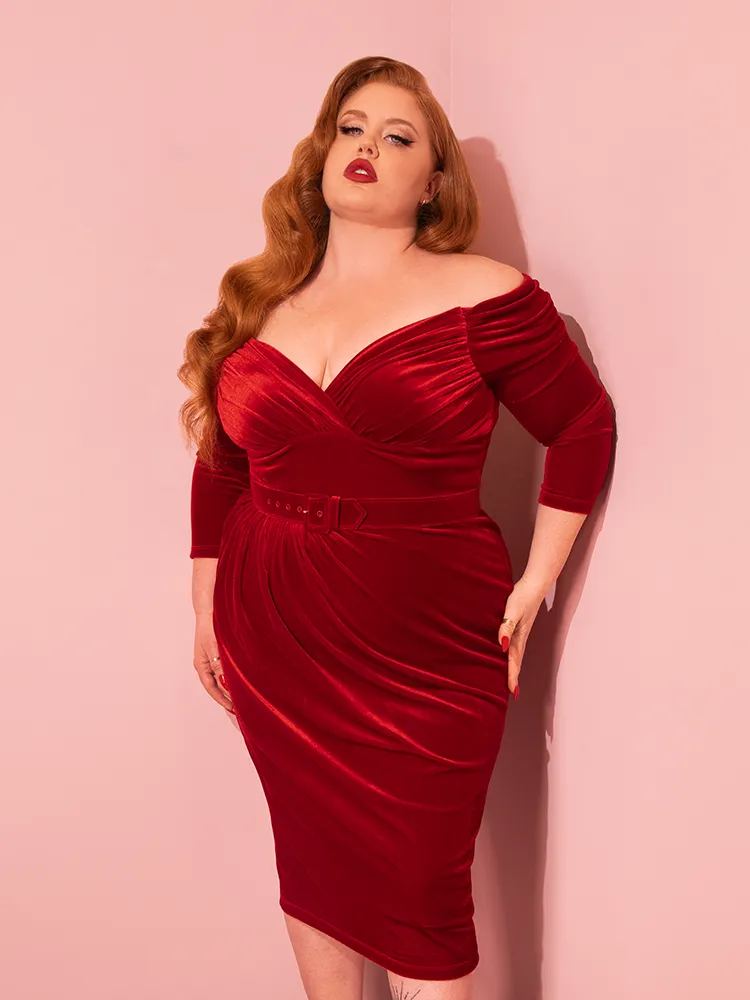 Starlet Wiggle Dress in Ruby Red Velvet - Vixen by Micheline Pitt sky tint