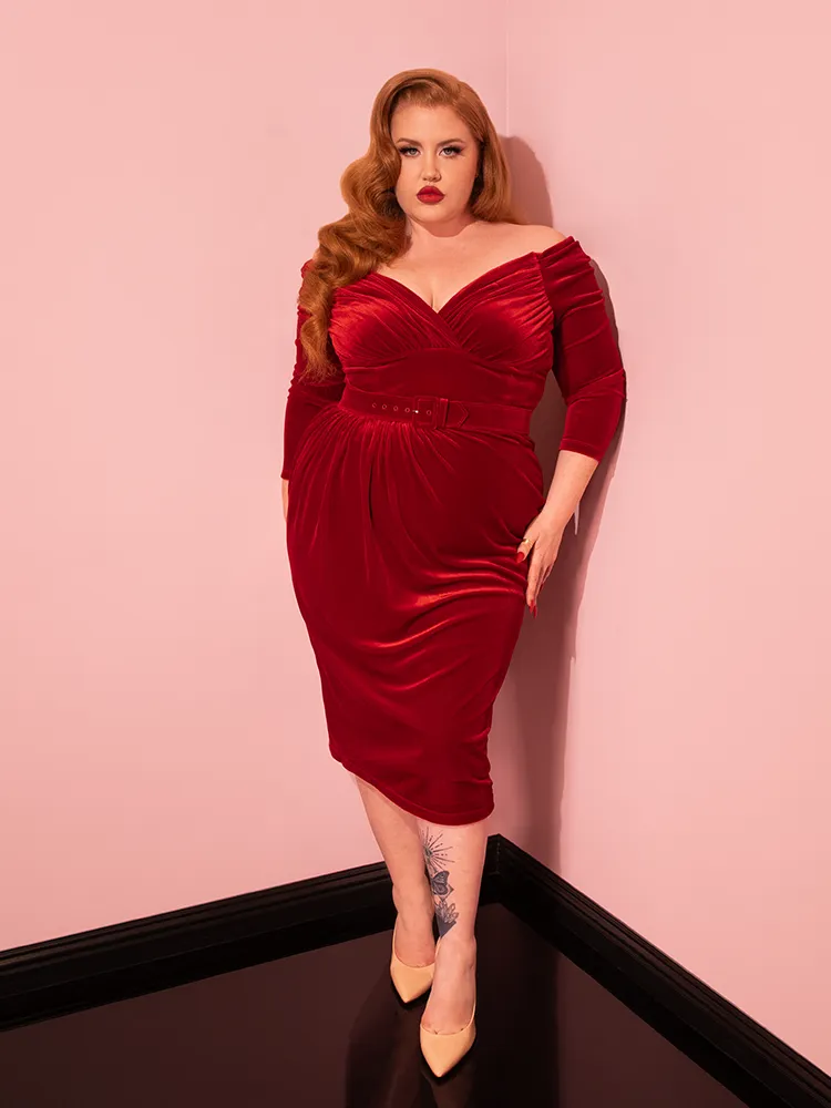 Starlet Wiggle Dress in Ruby Red Velvet - Vixen by Micheline Pitt sky tint