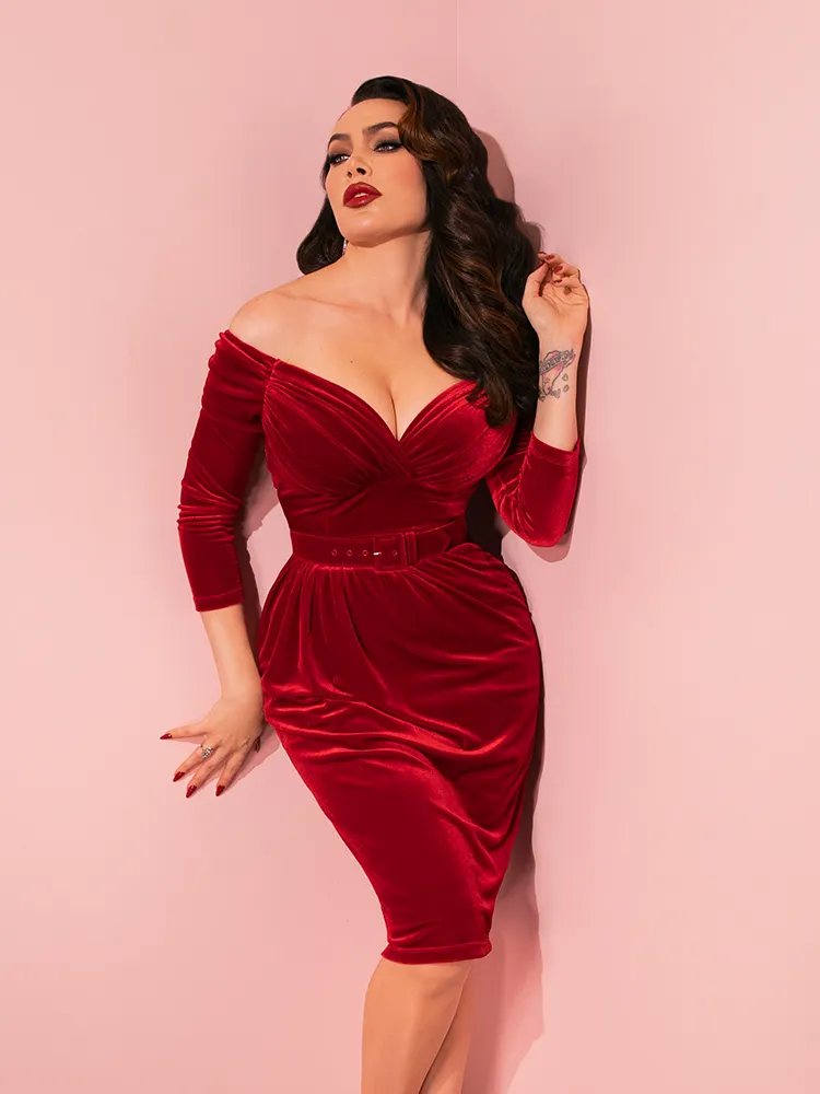 Starlet Wiggle Dress in Ruby Red Velvet - Vixen by Micheline Pitt sky tint