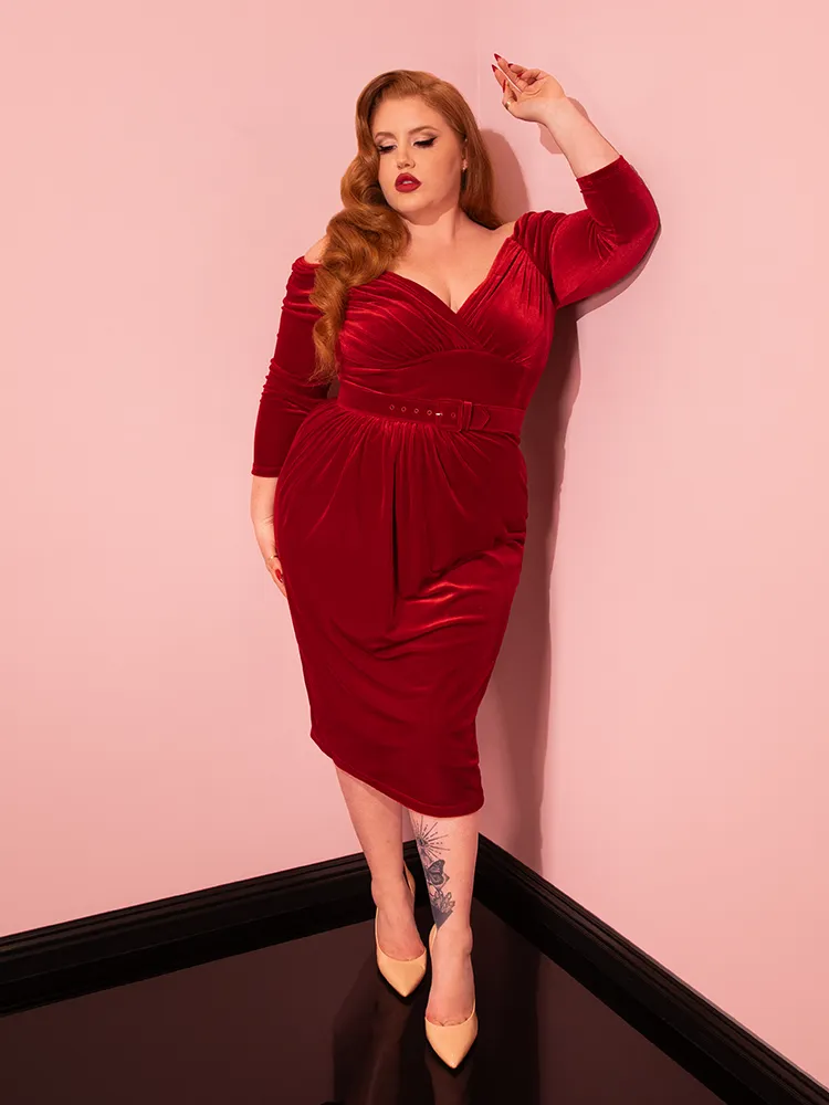 Starlet Wiggle Dress in Ruby Red Velvet - Vixen by Micheline Pitt sky tint