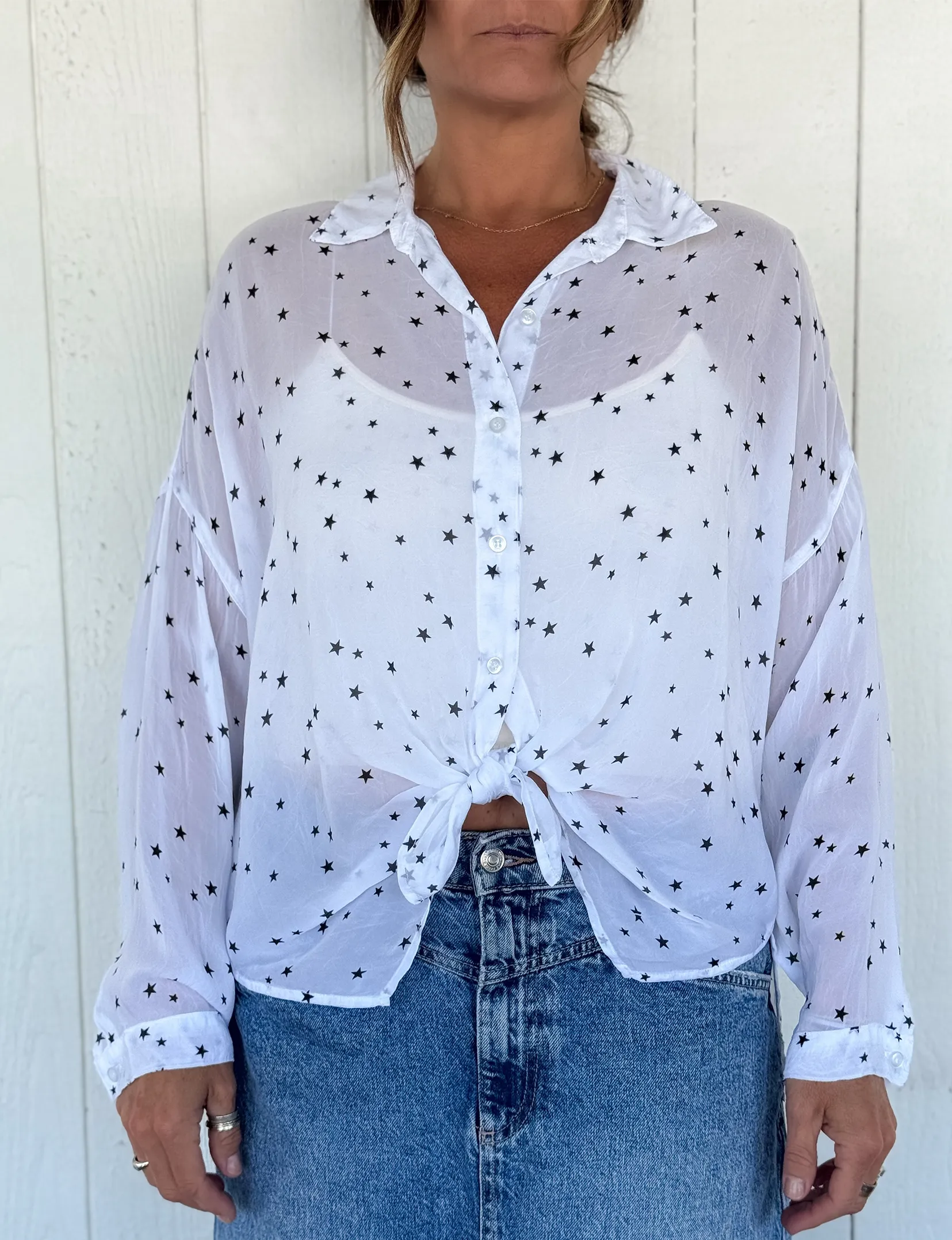 Surplice Shirt, White/Blue Stars soft glam