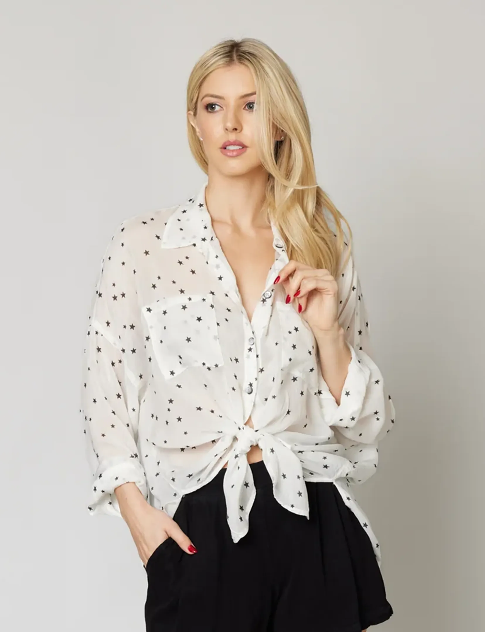 Surplice Shirt, White/Blue Stars soft glam