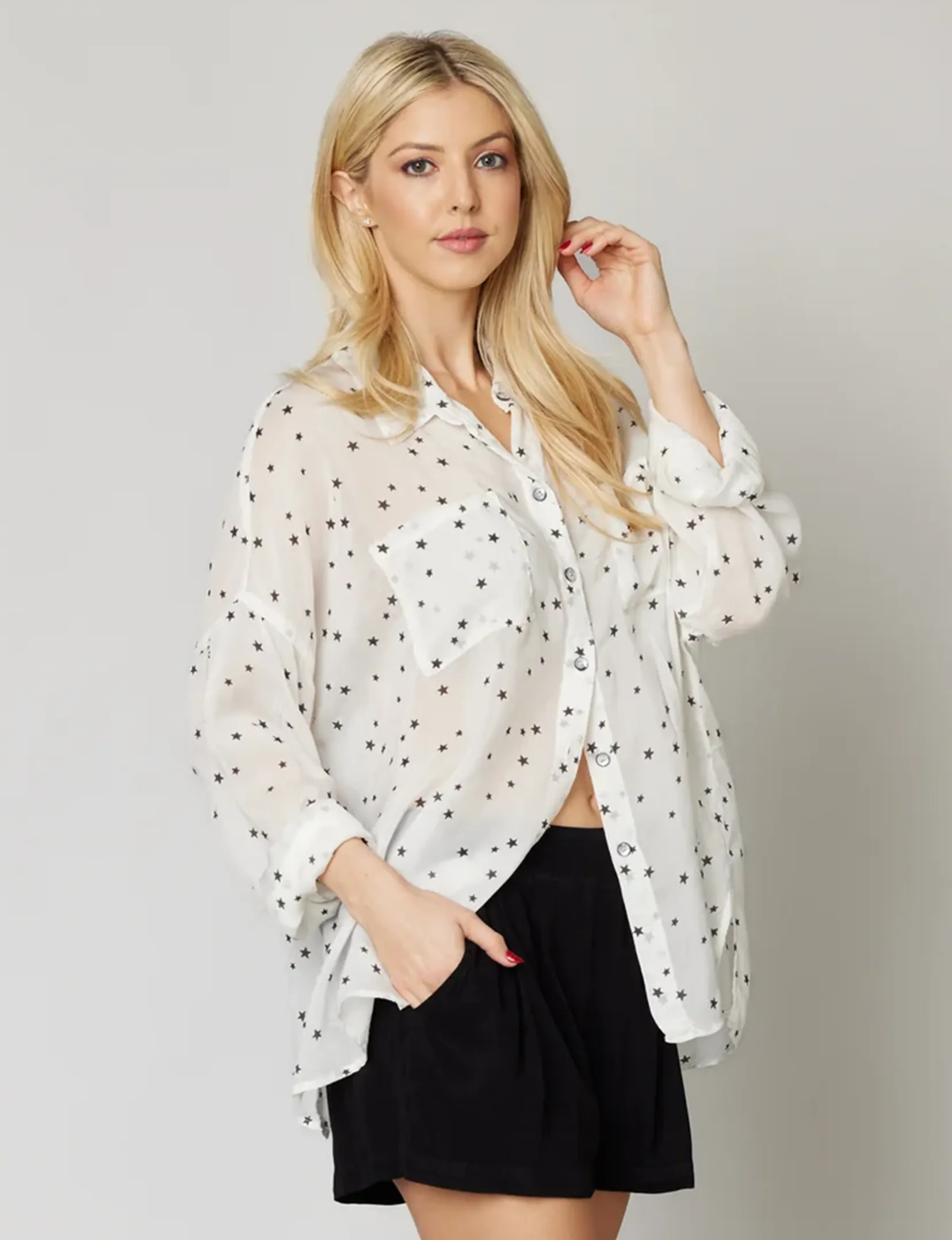 Surplice Shirt, White/Blue Stars soft glam