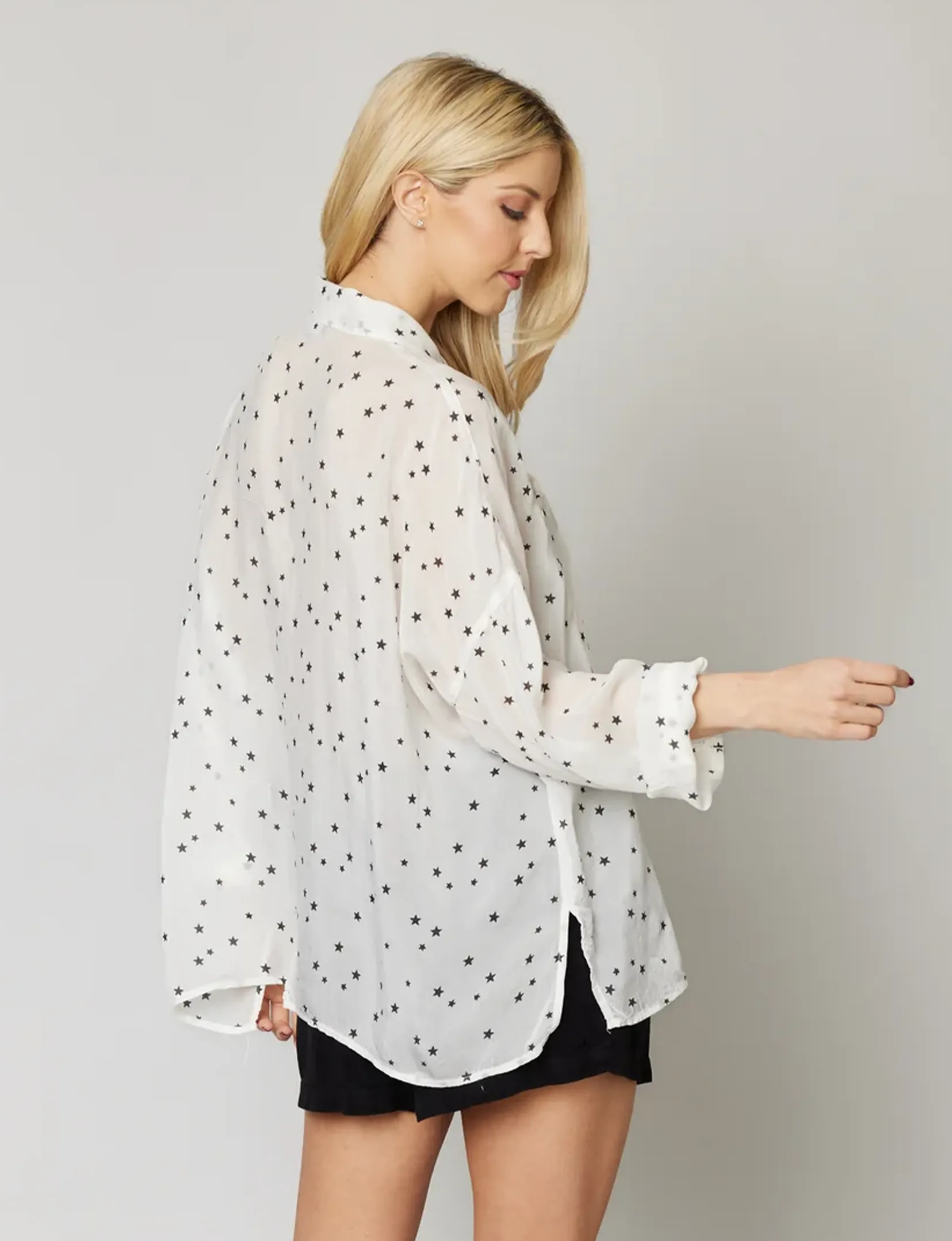 Surplice Shirt, White/Blue Stars soft glam