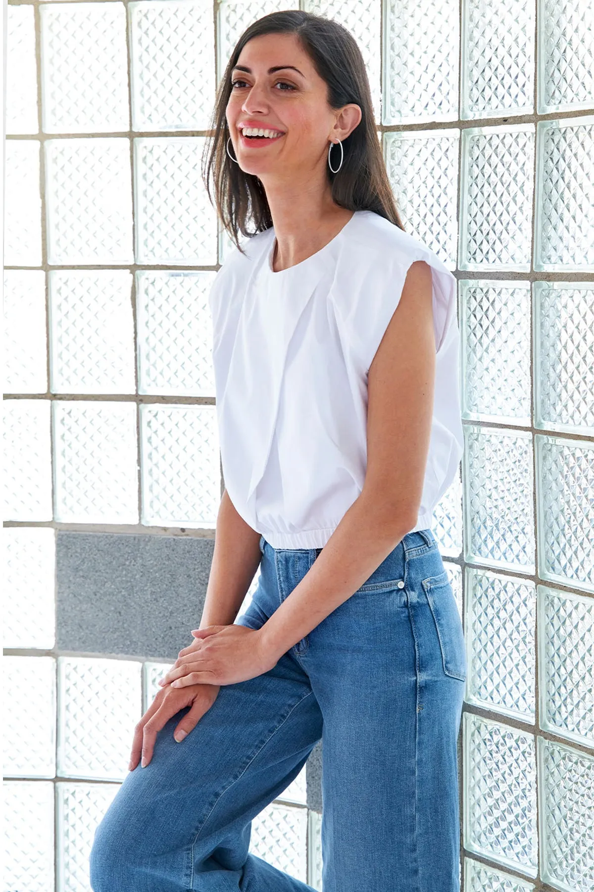 Sydney Cap Sleeve Poplin Cropped Pullover Blouse, White plus cozy