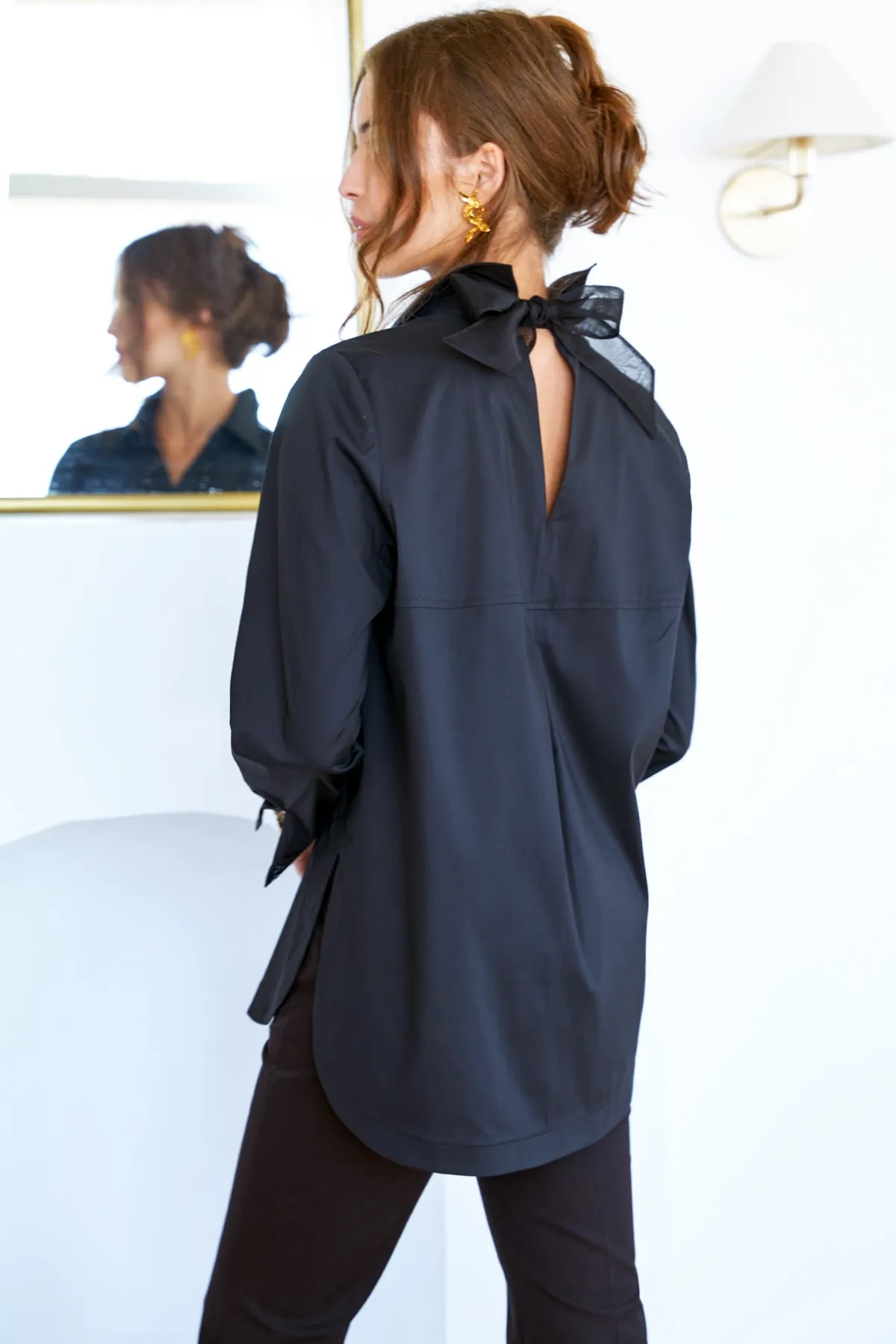 Sylvie Black Poplin Tie Back Shirt with Silk Organza Bow home feel