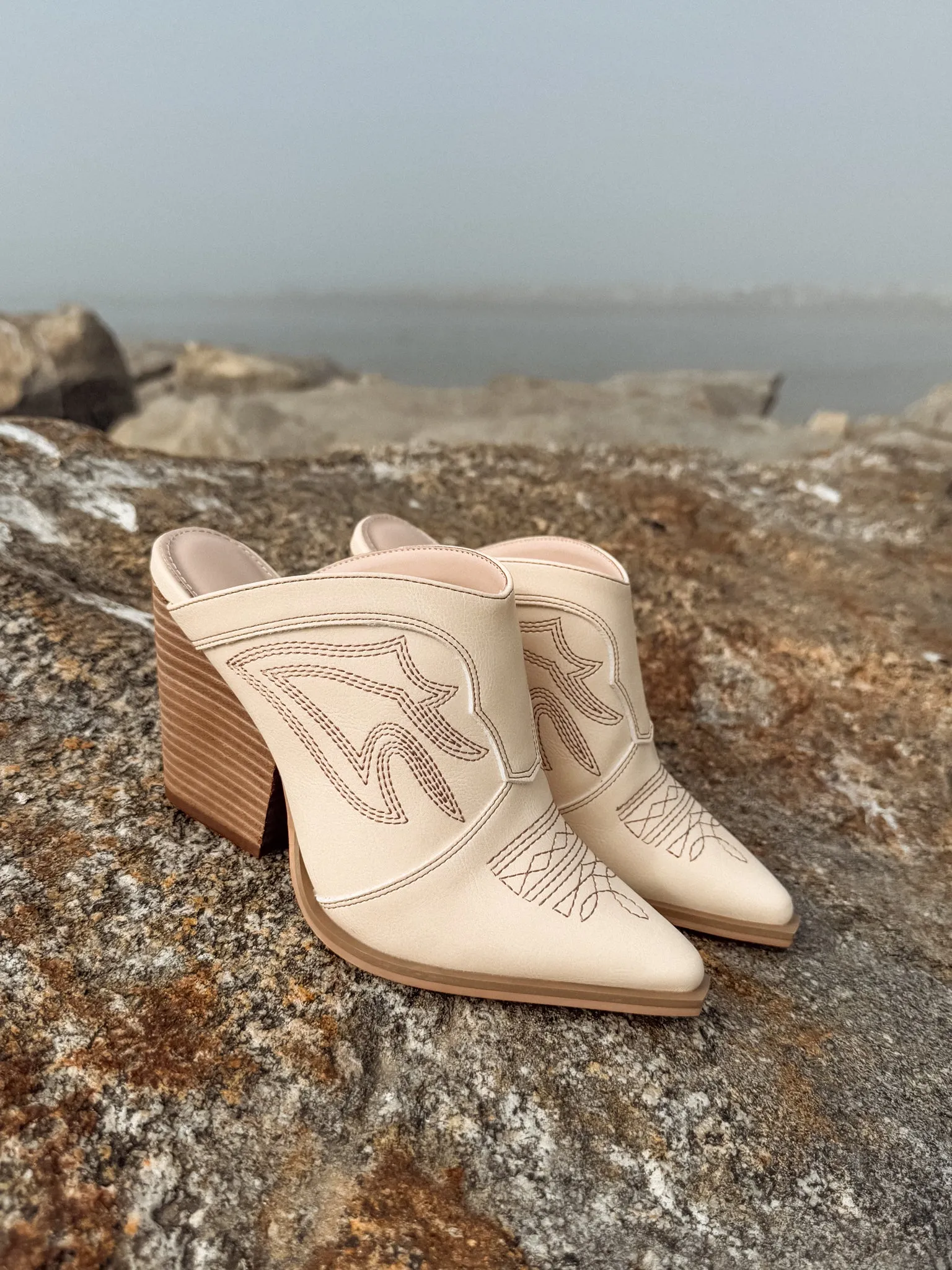The Kiara Western Mule in Off White photo pose
