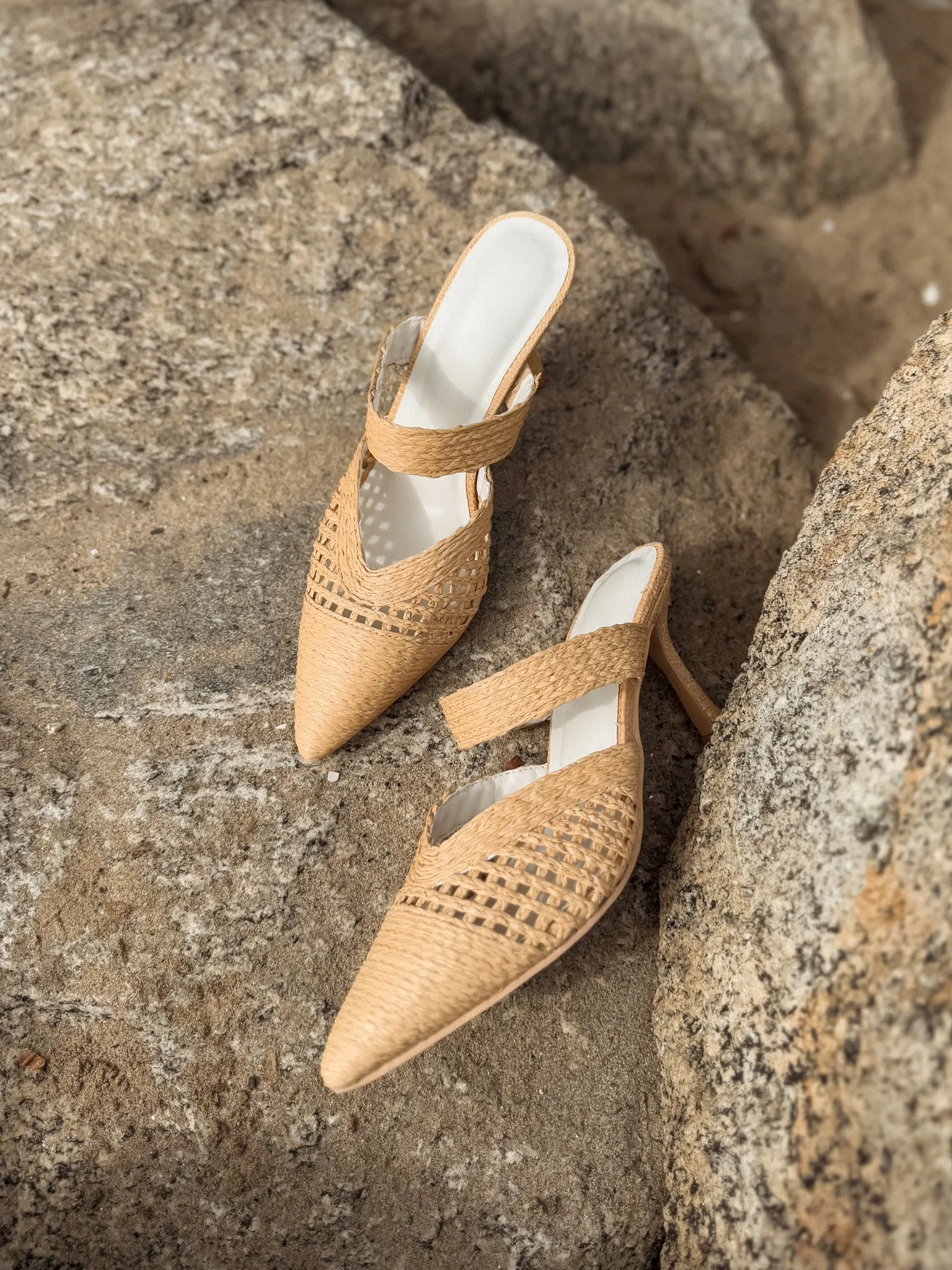 The Tia Pointed Toe Raffia Kitten Heel suit vibe