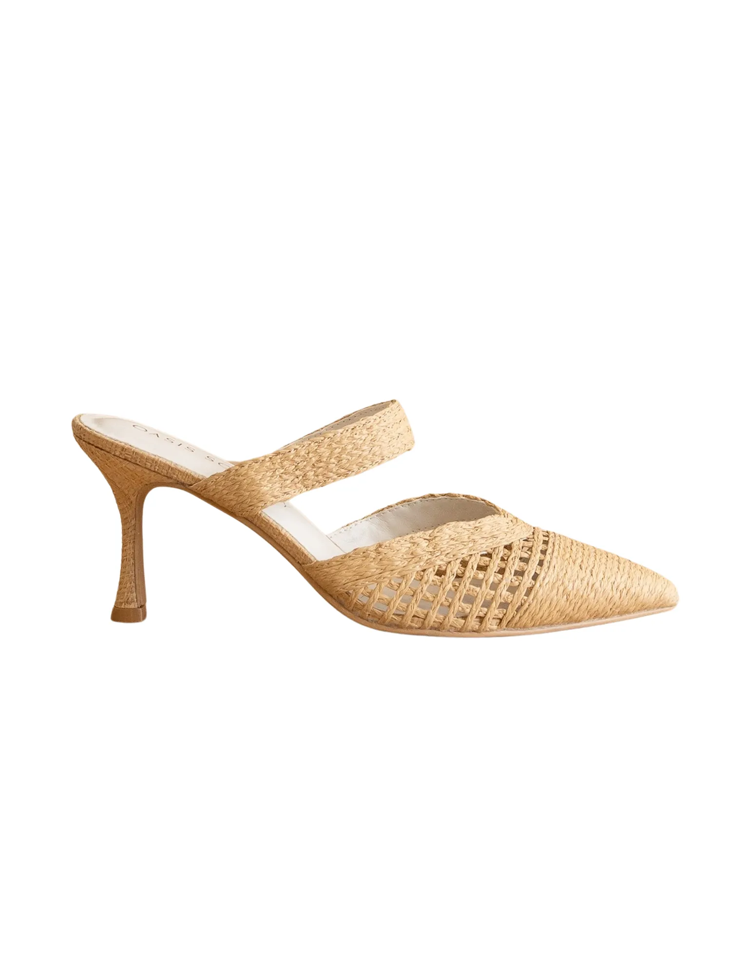 The Tia Pointed Toe Raffia Kitten Heel suit vibe