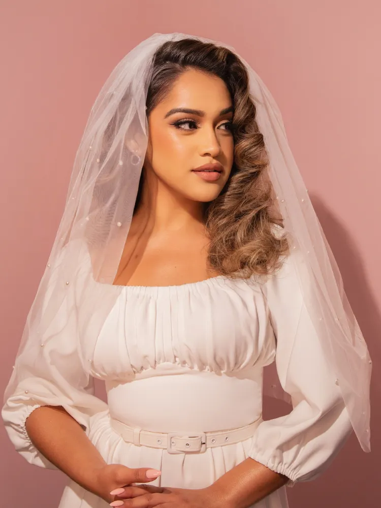 Tulle Veil with Pearl Bead Accents in White Mesh dainty detail