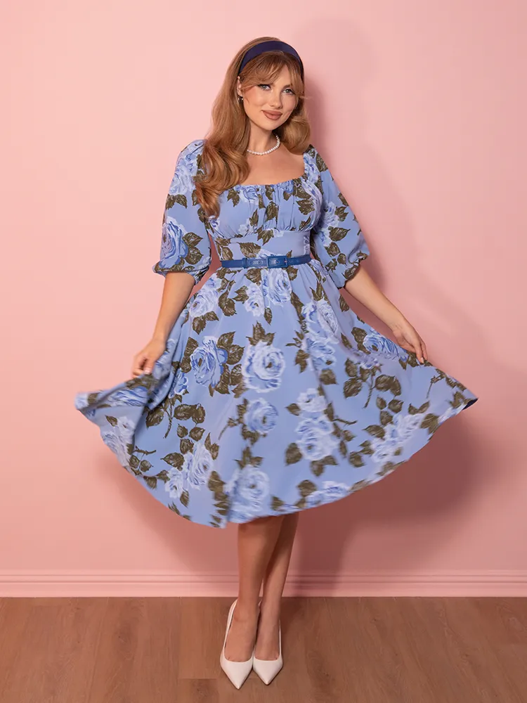 Vacation Dress in Sunset Blue Roses - Vixen by Micheline Pitt trend blend