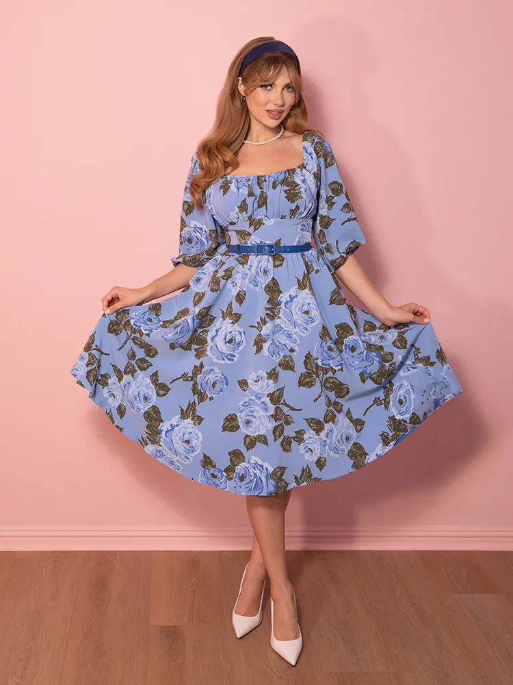 Vacation Dress in Sunset Blue Roses - Vixen by Micheline Pitt trend blend
