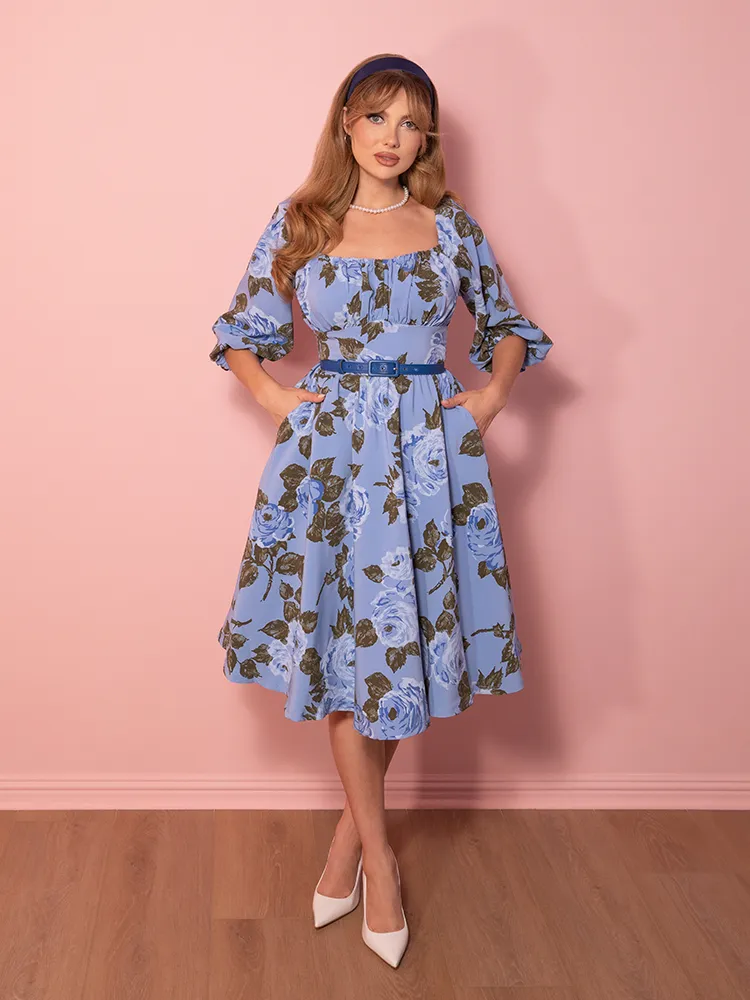 Vacation Dress in Sunset Blue Roses - Vixen by Micheline Pitt trend blend