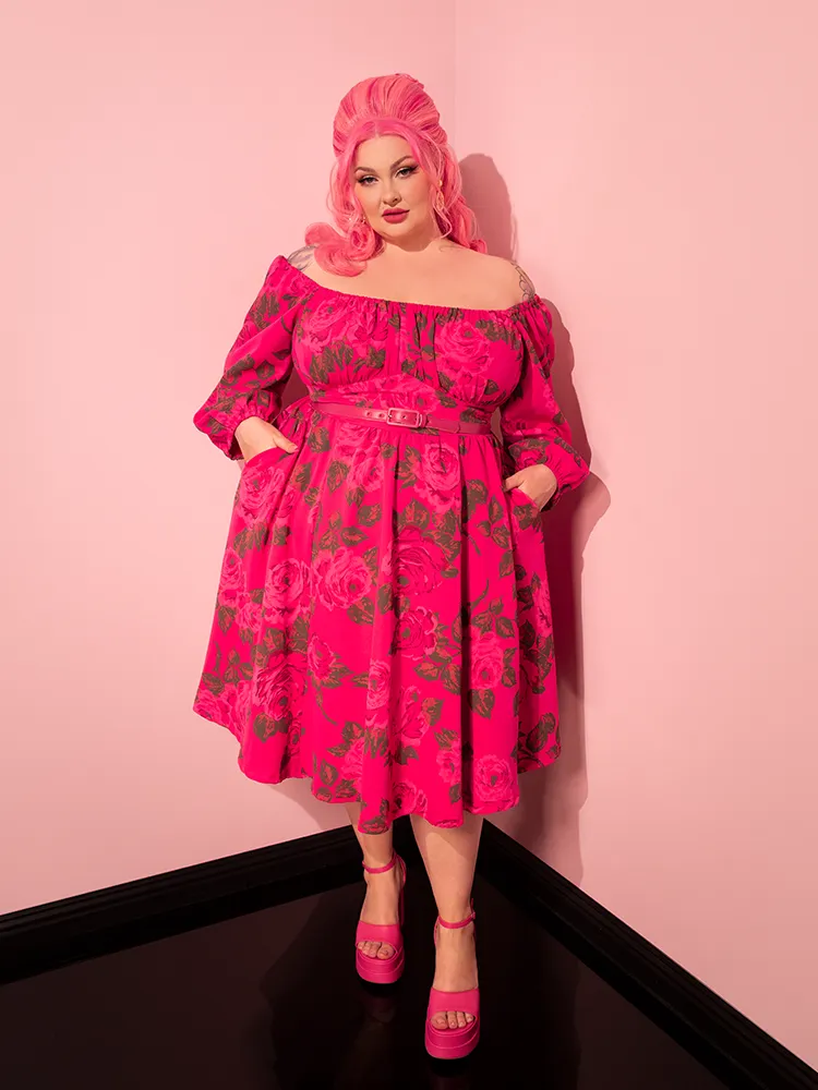 Vacation Dress in Vintage Hot Pink Roses - Vixen by Micheline Pitt free cut