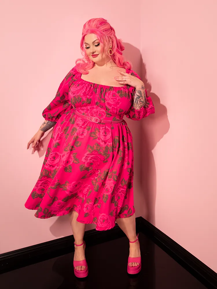 Vacation Dress in Vintage Hot Pink Roses - Vixen by Micheline Pitt free cut