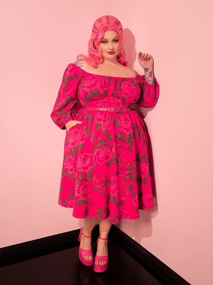 Vacation Dress in Vintage Hot Pink Roses - Vixen by Micheline Pitt free cut