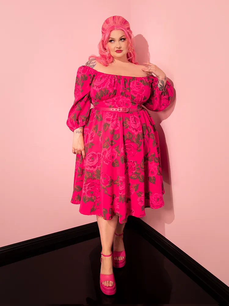 Vacation Dress in Vintage Hot Pink Roses - Vixen by Micheline Pitt free cut