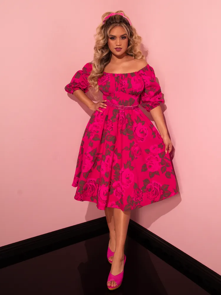 Vacation Dress in Vintage Hot Pink Roses - Vixen by Micheline Pitt free cut